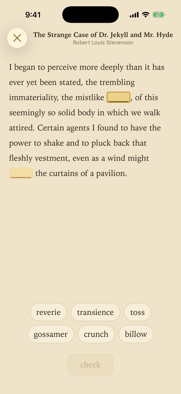 A Selcouth puzzle: a passage from The Strange Case of Dr. Jekyll and Mr. Hyde with two words hidden, and a bank of words to restore below.