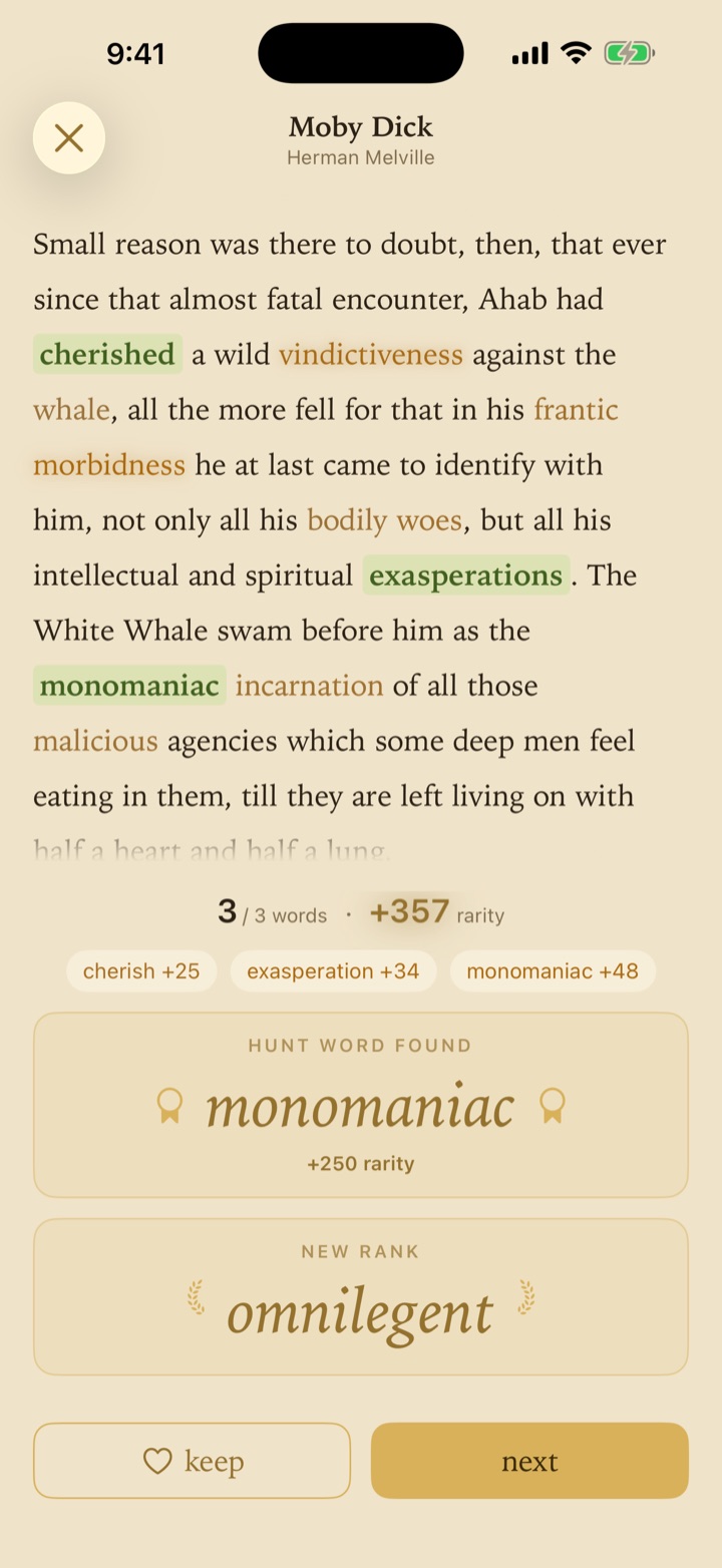 The same passage solved: every word restored earns rarity, the hunt word monomaniac is found for a bounty, and a new rank — omnilegent — is reached.